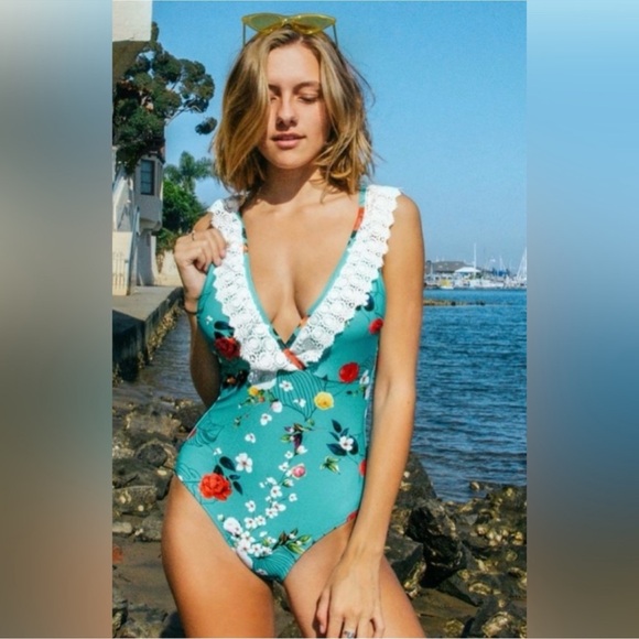 Cupshe Other - NWT Cupshe Blue Floral Lace Trim One Piece Swimsuit - Small
